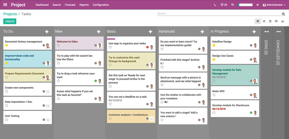 Screenshot du module Projet Odoo