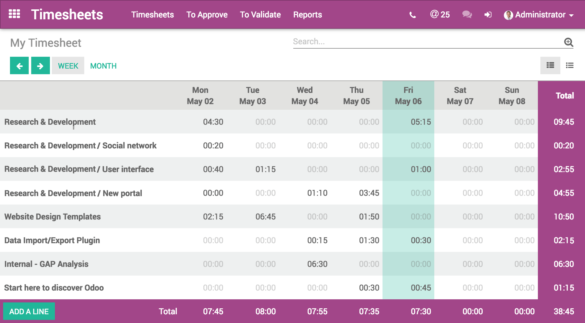 Capture d'écran Timesheet Odoo