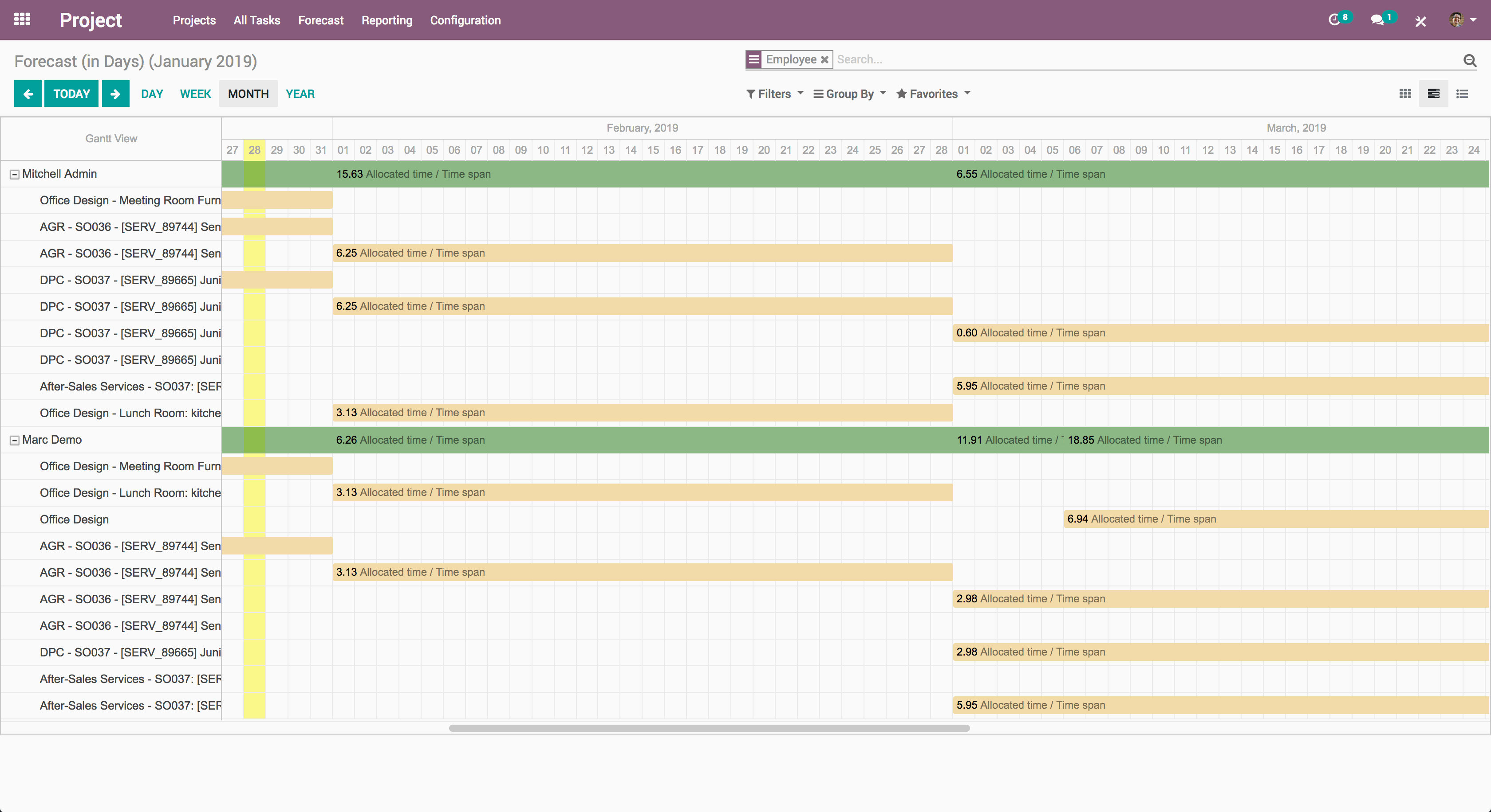 Capture d'écran d'un projet dans le module gestion de projet Odoo