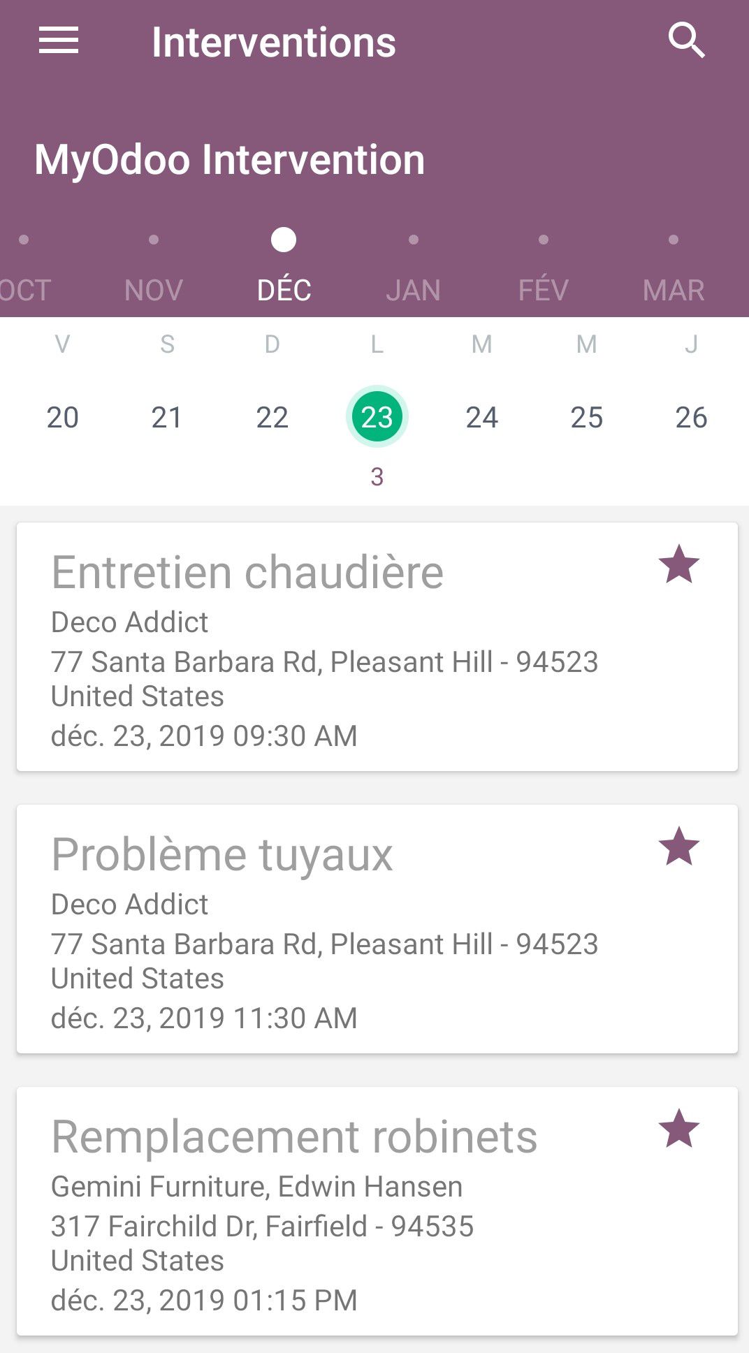 Interventions MyOdoo Screenshot de l'application MyOdoo